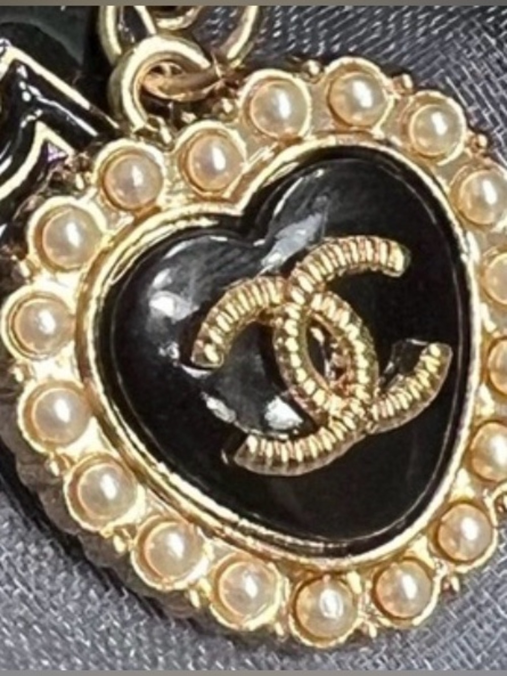Gold-Tone Heart CC Pendant Necklace with Black Enamel and Pearl Trim
